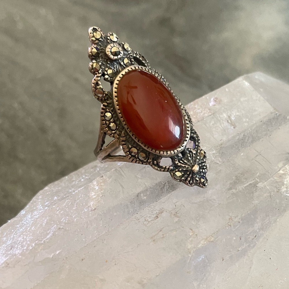 SOLD Carnelian Marcasite Sterling Ring 5.5 - Picture 8 of 9